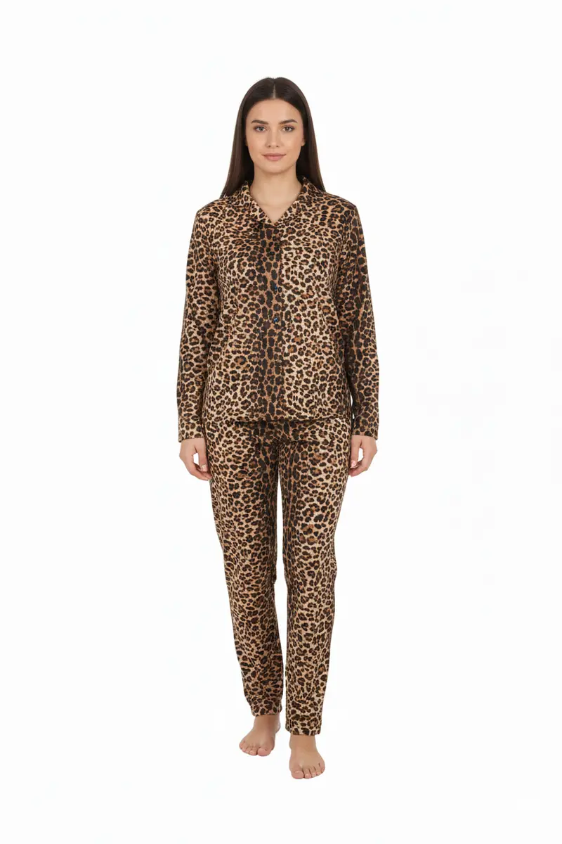 100 Sbadigli Pigiama Donna Invernale Modello Animalier - Collo a Camicia - Tessuto Modal Jersy - Con Elastico Capelli Omaggio