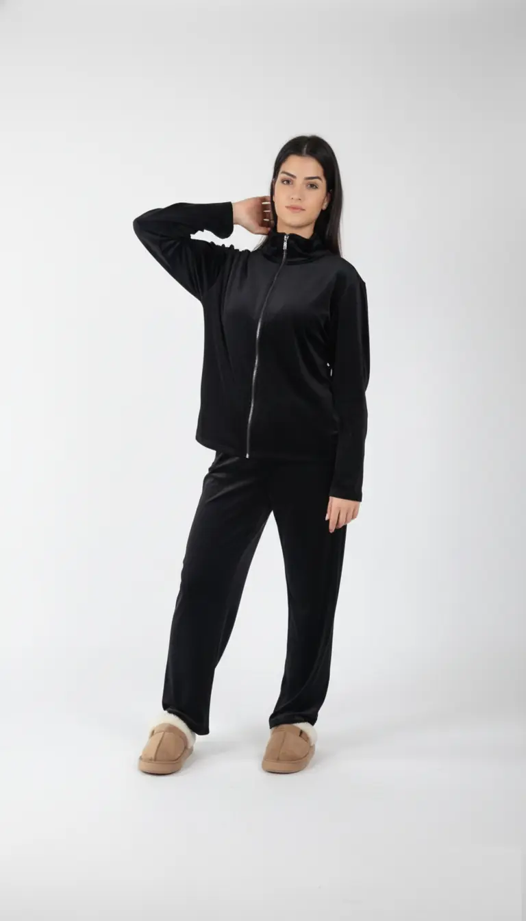 100 Sbadigli Tuta/Pigiama Donna in Velluto con Zip – Caldissimo e Morbido – Comfort Invernale – Tortora/Nero