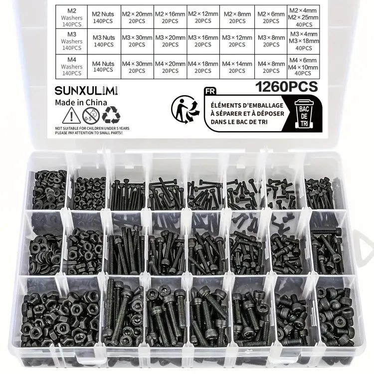 1260 PCS/Box M2 M3 M4 Socket Head Cap Screws Kit Alloy Steel Metric Bolts Nuts Washers Set