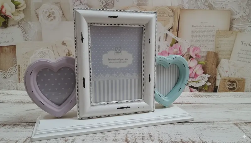 AD TREND Cornice Portafoto Multipla in MDF | 3 Foto | Design Shabby Chic con Cuori e Strass | Portafoto Romantico da Tavolo o Parete