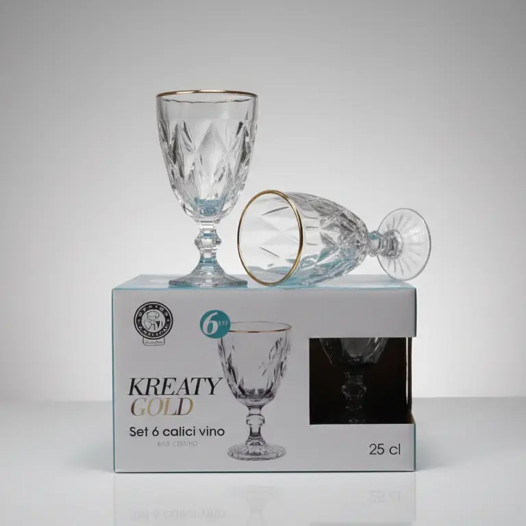 AD TREND Kreaty Gold Set 6 Calici Vino 25 cl | In Vetro Trasparente di Alta Qualità con Bordo Oro | Design Elegante per Eventi e Cene | Lavabili in Lavastoviglie | Confezione da 6 Pezzi