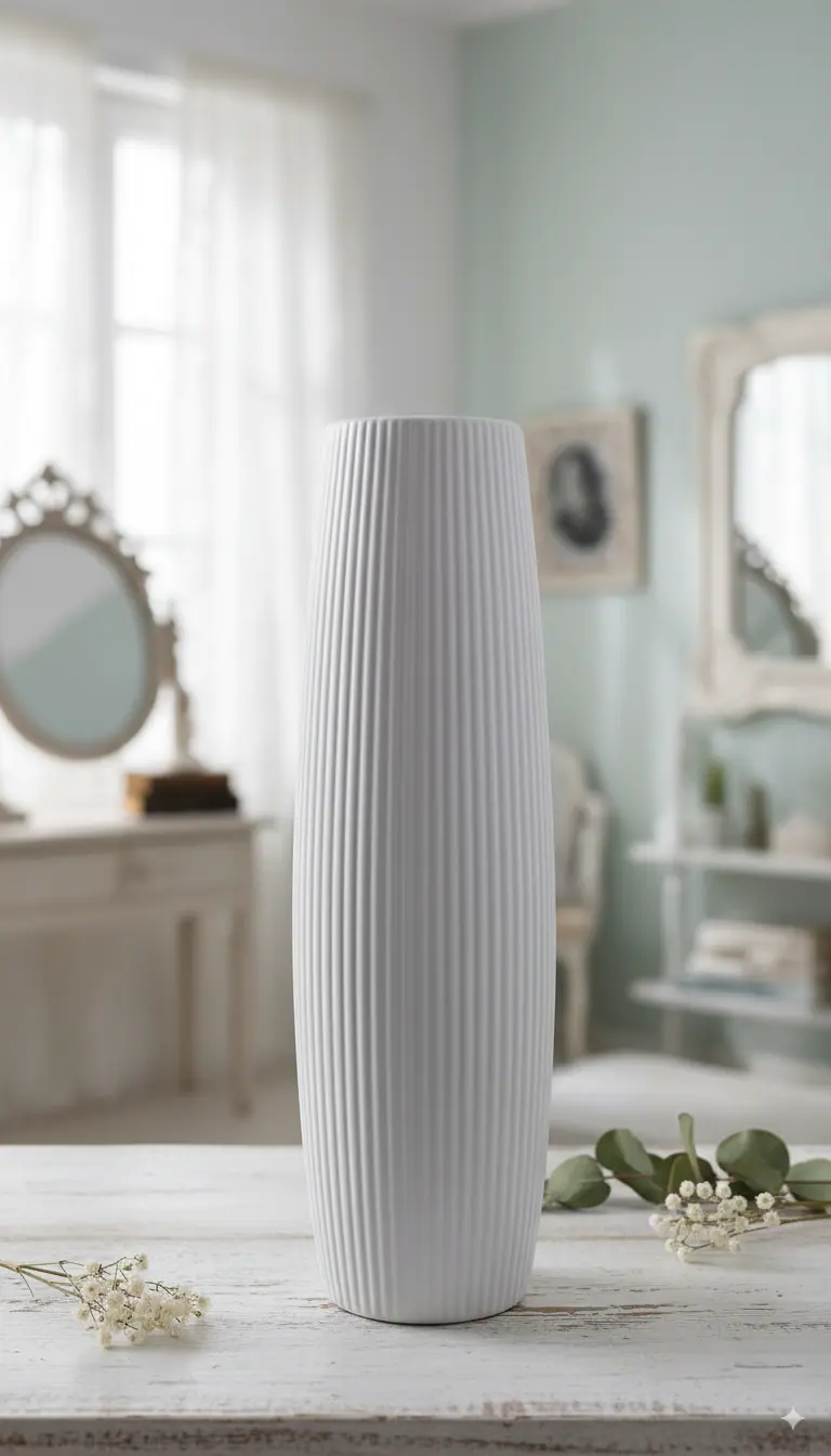 AD TREND Vaso in Ceramica Bianco 45 cm | Design Slanciato con Texture a Rilievo | Stile Shabby Chic e Moderno | Ideale per Fiori Freschi, Secchi o come Complemento d'Arredo | Ceramica Premium