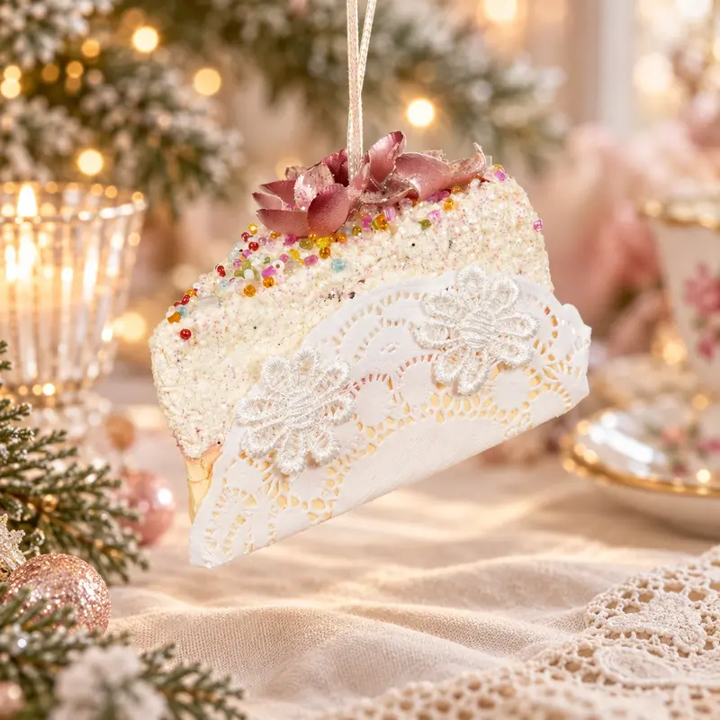 Addobbo Natalizio Fetta di Torta Glitter Rosa e Bianca – Goodwill, 7cm