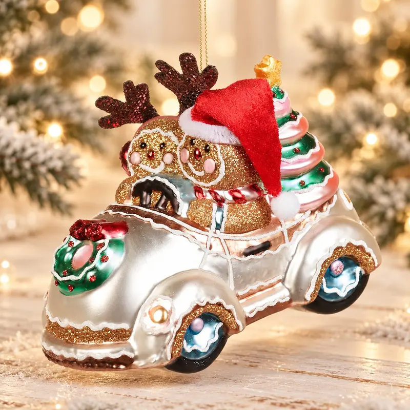 Addobbo Natalizio in Vetro Dipinto a Mano Omini di Pan di Zenzero in Auto – Goodwill, 14cm