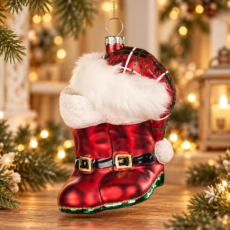 Addobbo Natalizio Stivale di Babbo Natale in Vetro con Pelliccia – Goodwill, 12cm