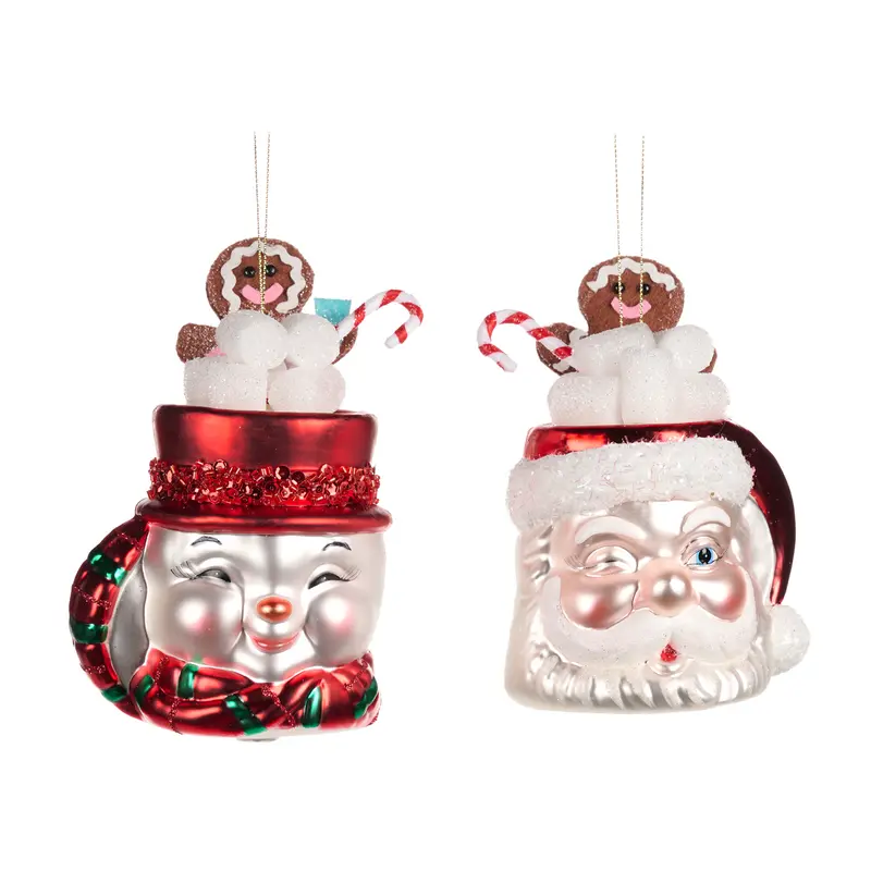 Addobbo Natalizio Tazza in Vetro con Marshmallow Pupazzo di Neve o Babbo Natale, 14cm