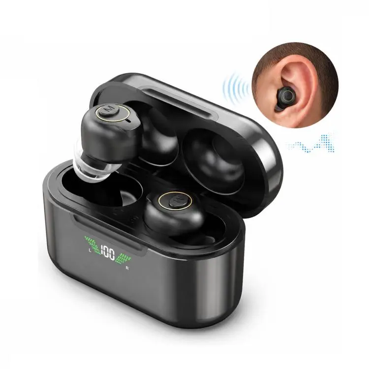 Apparecchi acustici Bluetooth Goodmi per anziani, controllabili tramite app e pulsante, con amplificatore di suono e display a LED.
