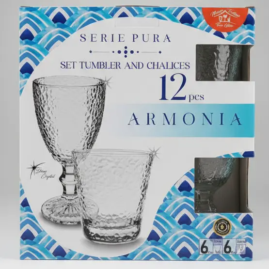 ARCA Set 12 Pezzi Pura Armonia in Vetro a Rilievo – 6 Calici Vino (295ml) + 6 Bicchieri Acqua (300ml)