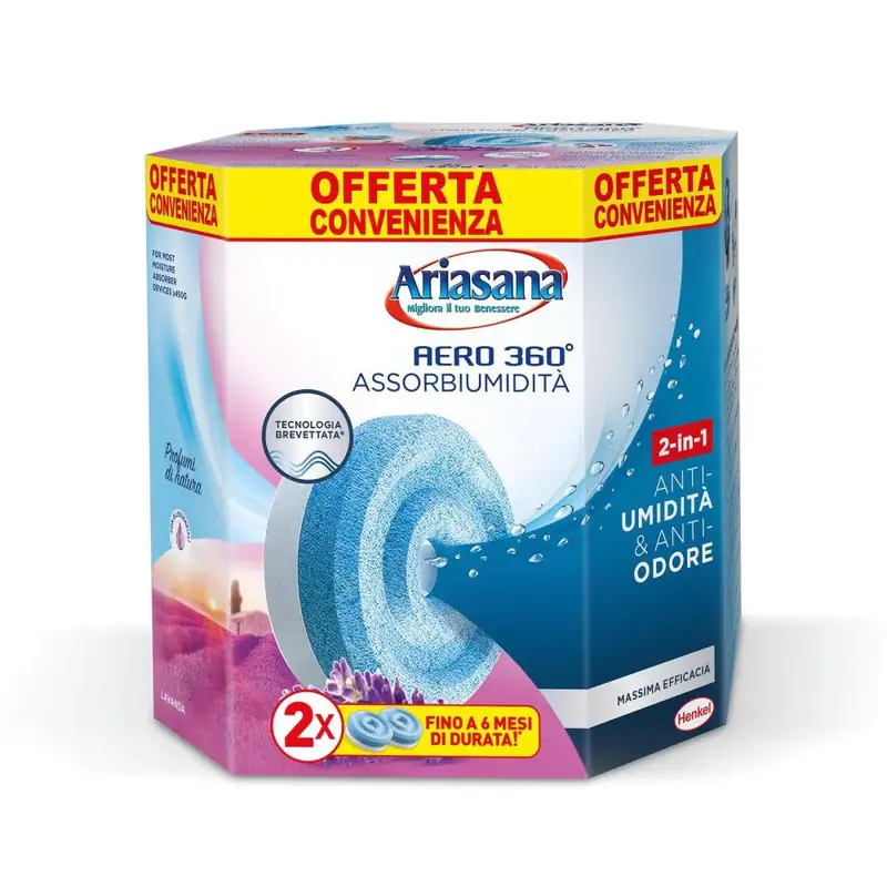 Ariasana Aero 360° Tab Ricarica Universale Lavanda (2x450g) | Anti-Umidità e Anti-Odore 2-in-1 Brevettato | Lunga Durata Fino a 6 Mesi | Per Ambienti Grandi