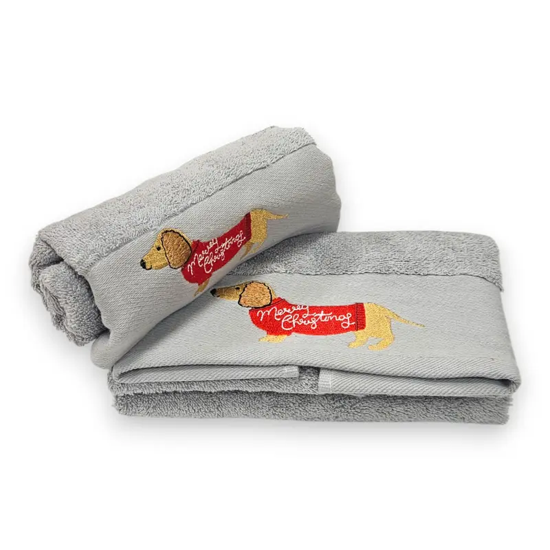 Asciugamani da bagno con bassotto ricamato – Set 2 pezzi in 100% Cotone