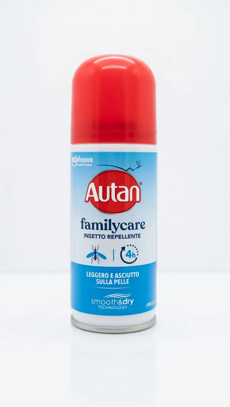 Autan Family Care Spray Secco 100ml | Repellente Insetti Non Untuoso con Amido di Mais | Protezione 4 Ore per Tutta la Famiglia