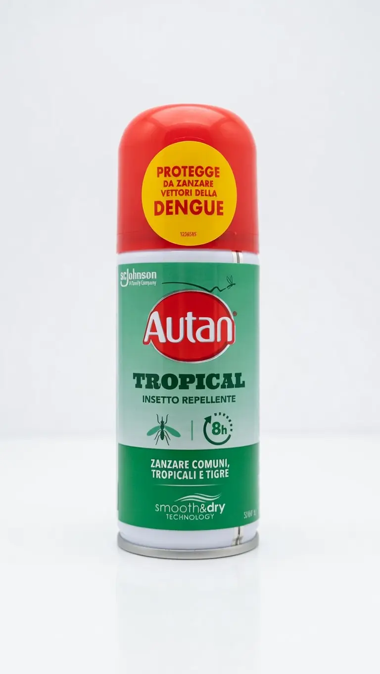 Autan Tropical Spray Secco 100ml | Repellente Anti-Zanzara Tigre e Tropicale | Protezione 8 Ore Non Untuosa con Amido di Mais