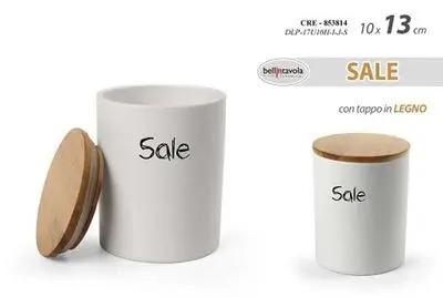 Barattolo Porta Sale in Ceramica Bianca - Contenitore Cucina con Tappo in Legno. D10xH13 cm