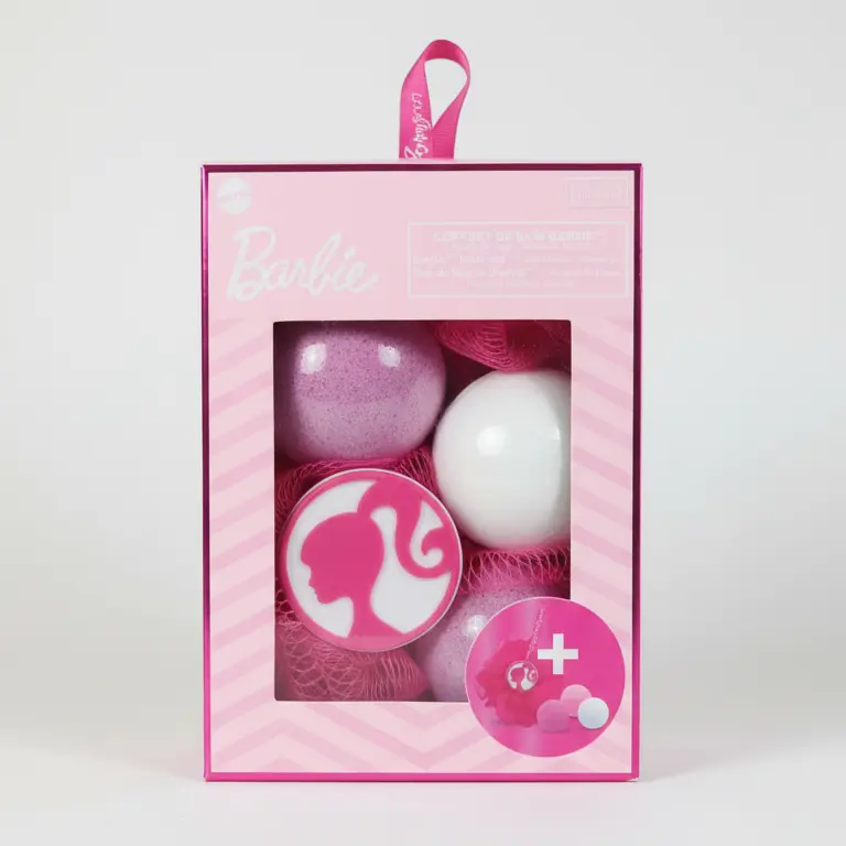 BARBIE Set Bagno Coffret de Bain – Confezione Regalo con 3 Bombe Effervescenti e Spugna in Nylon – Soluzione Relax Profumata e Detersione Delicata