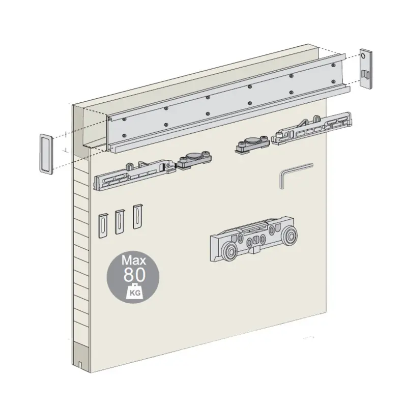 Binario Porta Scorrevole Invisibile Magical per Porta Scorrevole Esterno Muro in Legno Larga da 80 cm a 120 cm, Kit con Meccanismo, Accessori e Guida