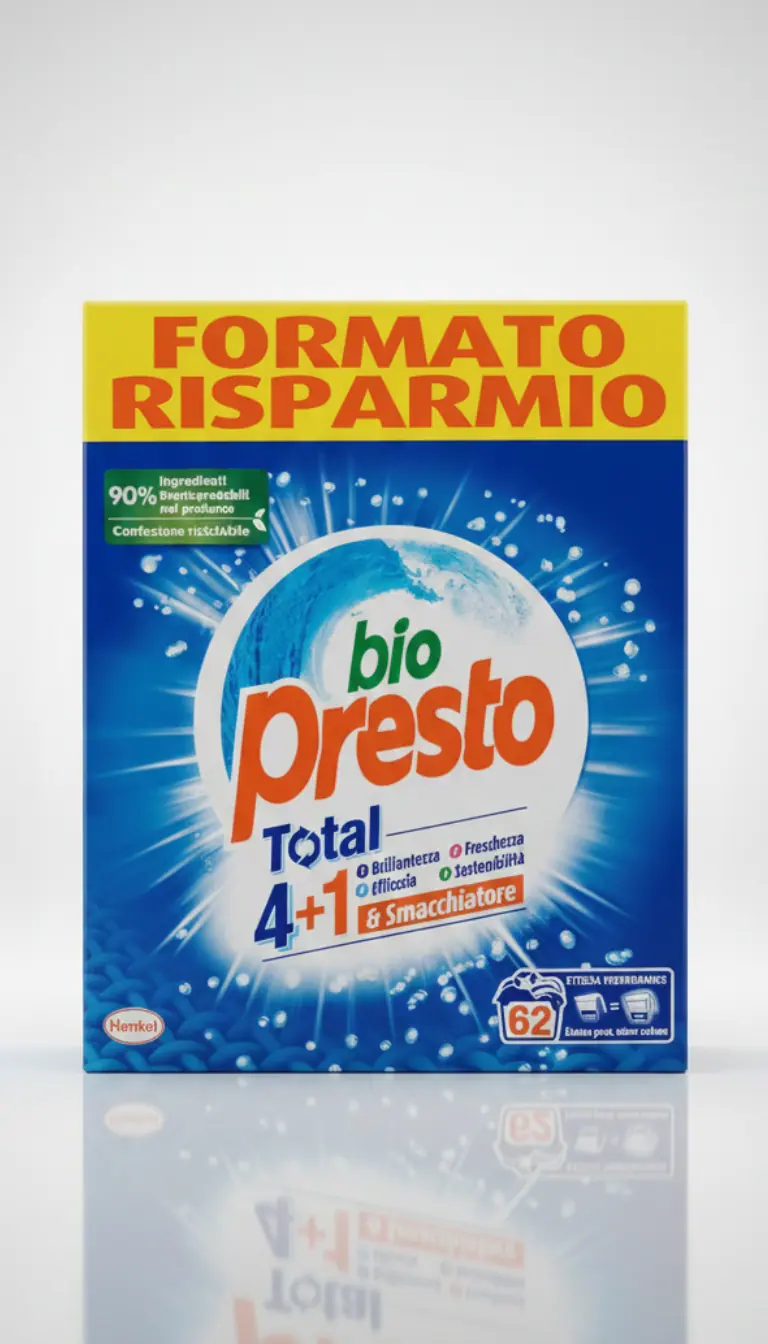 Bio Presto Total 4+1 Detersivo Lavatrice in Polvere | 62 Misurini (2,79 kg) | Azione Smacchiante Profonda, Brillantezza e Freschezza | Efficace a Basse Temperature