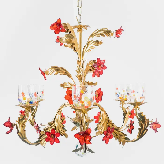 Blossom and Murrina Glass Chandelier (Ruby) - Gold Frame
