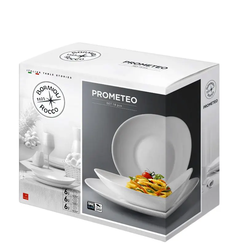 Bormioli Rocco Prometeo Servizio Piatti 18 Pezzi Vetro Opale Bianco – Set Tavola Moderno Super Resistente