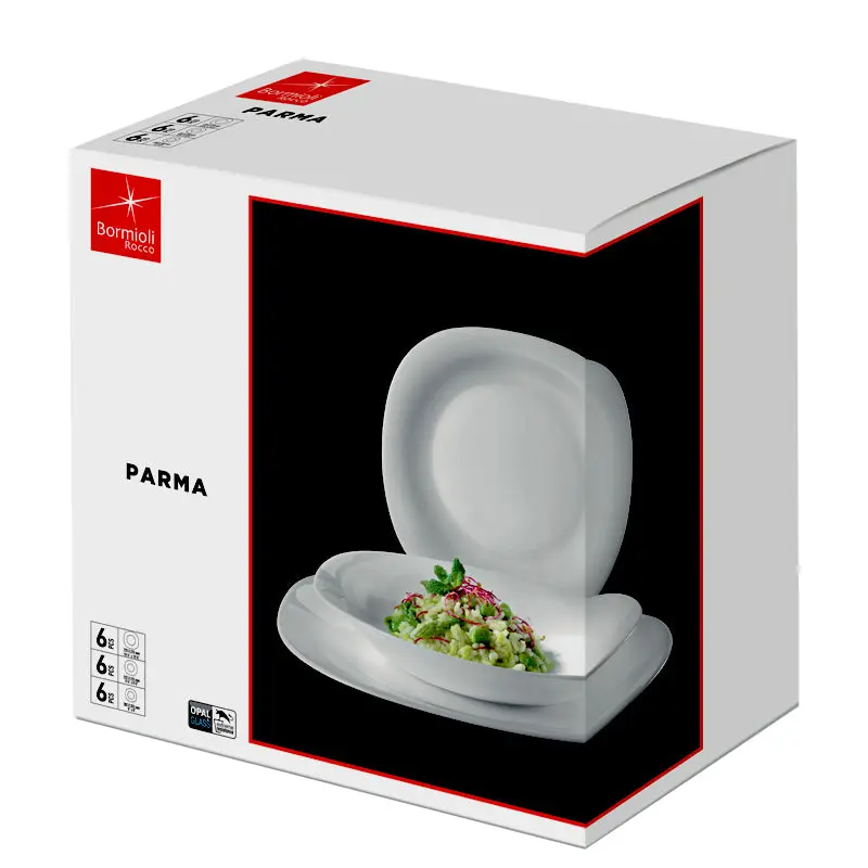 Bormioli Rocco Set Piatti Tavola Parma 18 Pezzi Vetro Opale – Servizio Quadrato Bianco Super Resistente
