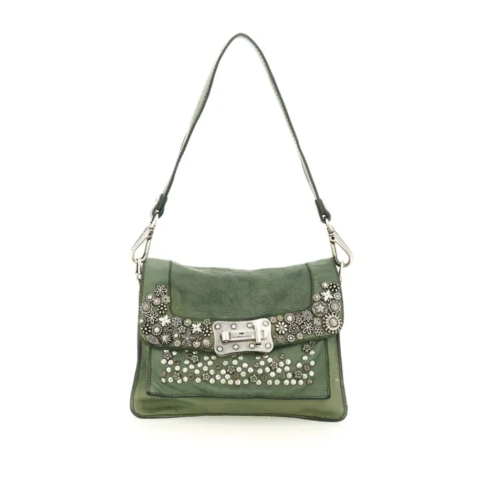 Borsa a tracolla "AGNESE" in pelle di vacchetta tinta in capo con borchie e strass