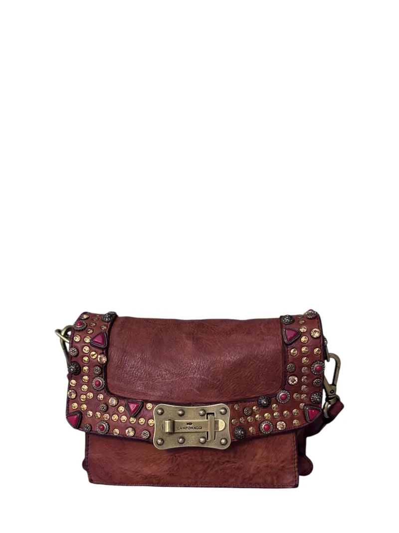 Borsa a tracolla Agnese in pelle di vacchetta tinta in capo con borchie