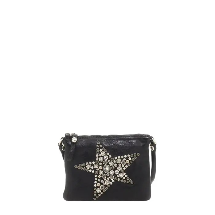 Borsa a tracolla "Stella " Campomaggi in pelle di vacchetta tinta in capo nera con decoro a stella