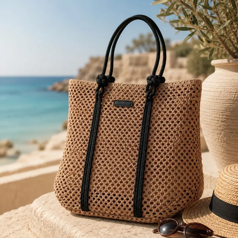 Borsa Donna Crochet Admas Art. 19931 in Cellulosa Beige con Manici Neri | Borsa Mare Elegante con Zip 42x38 cm