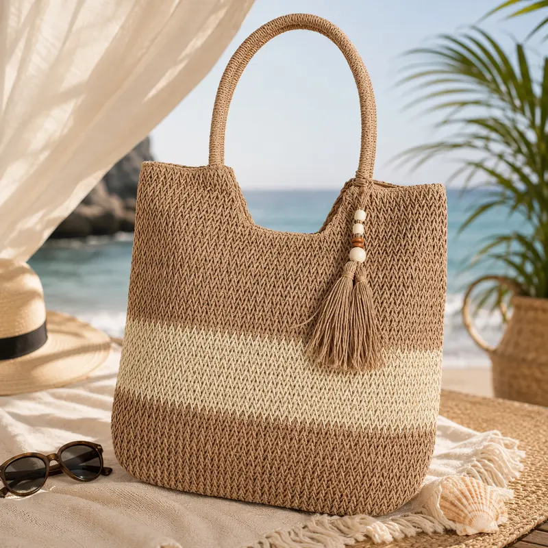 Borsa Donna Crochet Admas Art. 19932 in Cellulosa Beige e Avorio | Borsa Mare Boho Chic con Zip e Nappina 41x39 cm