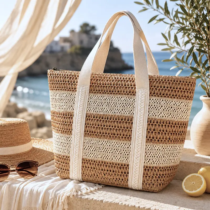 Borsa Mare Donna Admas in Cellulosa Intrecciata Beige e Avorio | Borsa Estiva con Zip e Fodera Interna 44x30 cm