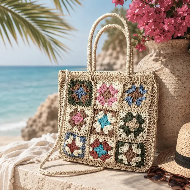 Borsa Mare Donna Crochet Multicolor Admas Art. 19854 in Rafia con Tracolla | Borsa Estiva con Fiori Colorati e Zip 33x36 cm