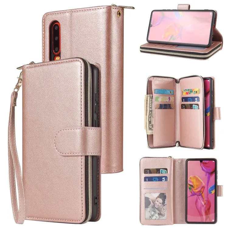 Borsa portafoglio con cerniera in pelle PU per Huawei P30, P30 Lite, P30 Pro e