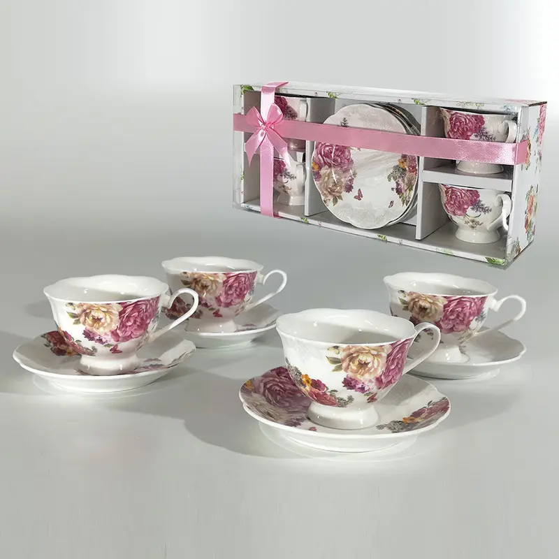 Box Regalo Romantic 4 Tazze da Tè con Piattino in Ceramica Decorata 20 cl – Set Elegante Floreale