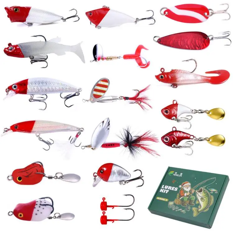 Calendario dell'Avvento HENGJIA BOX112 (18 pezzi/scatola) con esche da pesca natalizie – Kit di attrezzatura con esche rigide e morbide