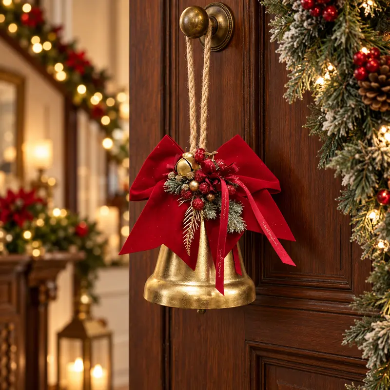 Campana Natalizia Noël Dorata con Fiocco in Velluto e Composizione – Linea Noël by Mata Creazioni, 15x22 cm