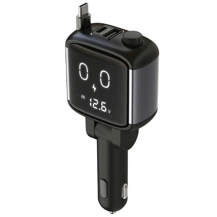 Caricabatterie da auto GE16 da 65 W PD con cavo Type-C retrattile, display della tensione e grafica a cartoni animati., GE16