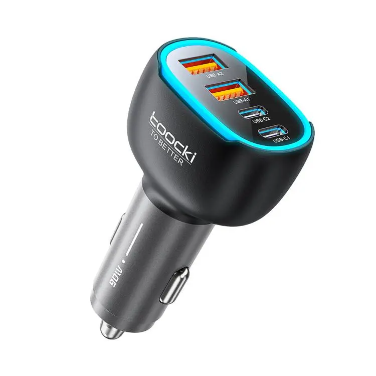 Caricabatterie da auto Toocki da 90 W a 4 porte in lega di zinco, con 2 porte USB-A e 2 porte USB-C e luce ambientale., TQ-CC47