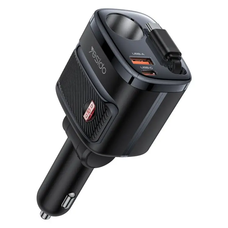 Caricabatterie da auto Yesido Y76 per accendisigari, adattatore di ricarica rapida USB-A e Type-C con cavo retrattile Type-C da 60 cm.