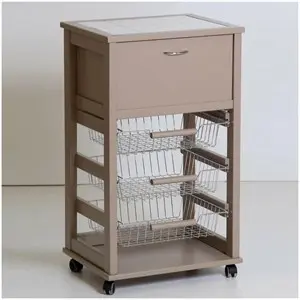 Carrello Cucina VESUVIO Portapane con Ruote, Top in Mattonelle e Cestelli Estraibili - Legno Massello Colore Fango - Made in Italy