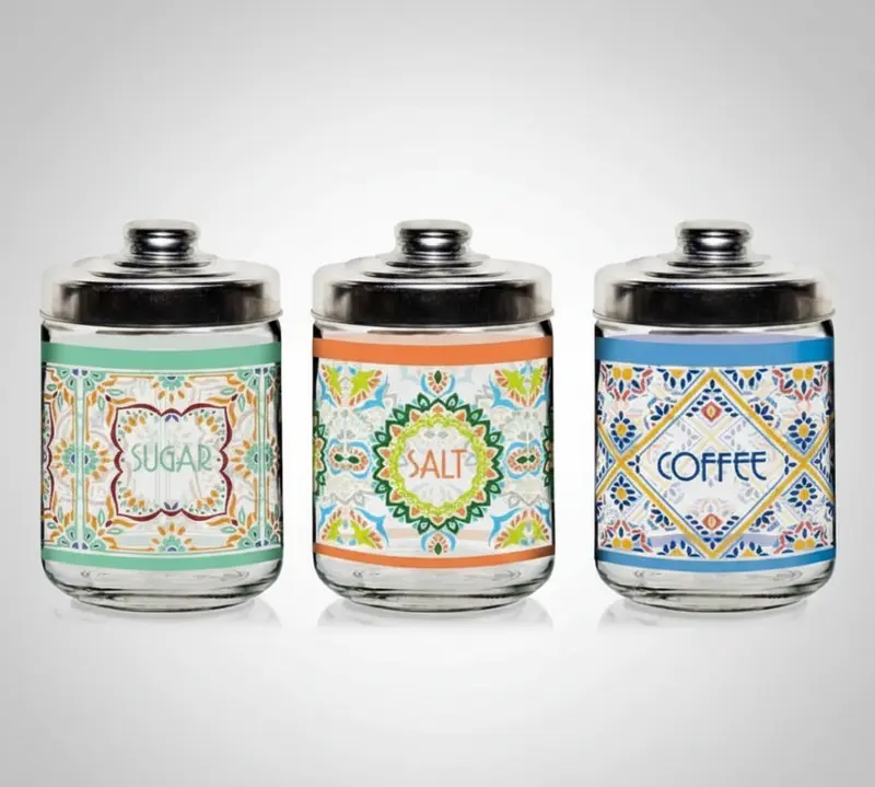 Cerve Valencia Set 3 Barattoli in Vetro 800 cc | Per Sale, Zucchero e Caffè | Design Mosaico Multicolore | Coperchio Ermetico Salva-Aroma