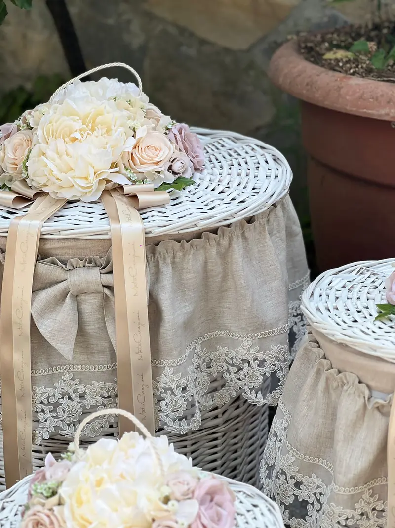 Cesta Chic in Vimini con Mantovana, Pizzo e Fiori – Mata Creazioni