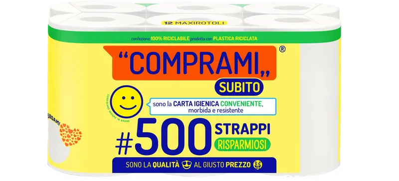 COMPRAMI Carta Igienica 12 Rotoli | 2 Veli Resistenti | Maxi Scorta 500 Strappi per Rotolo | Alta Convenienza per Famiglie e Business