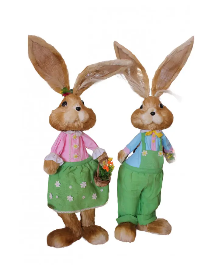 Coniglietti Pasquali Decorativi in Paglia con Vestitini in Cotone, 24x30x104 cm