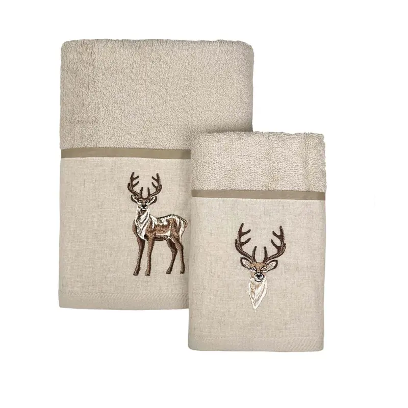 Coppia Asciugamano e Ospite con Balza Ricamata Cervo Beige – Collezione Oscar by Blanc MariClò