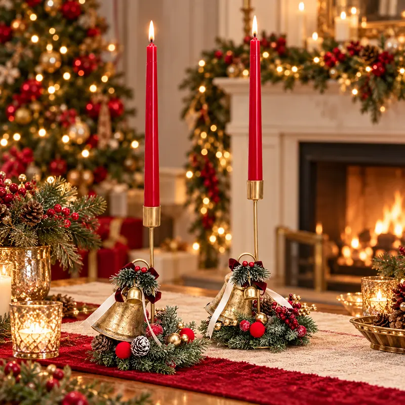 Coppia Candelabri Natalizi Jingle Dorati con Campanelli e Bacche – Linea Noël by Mata Creazioni
