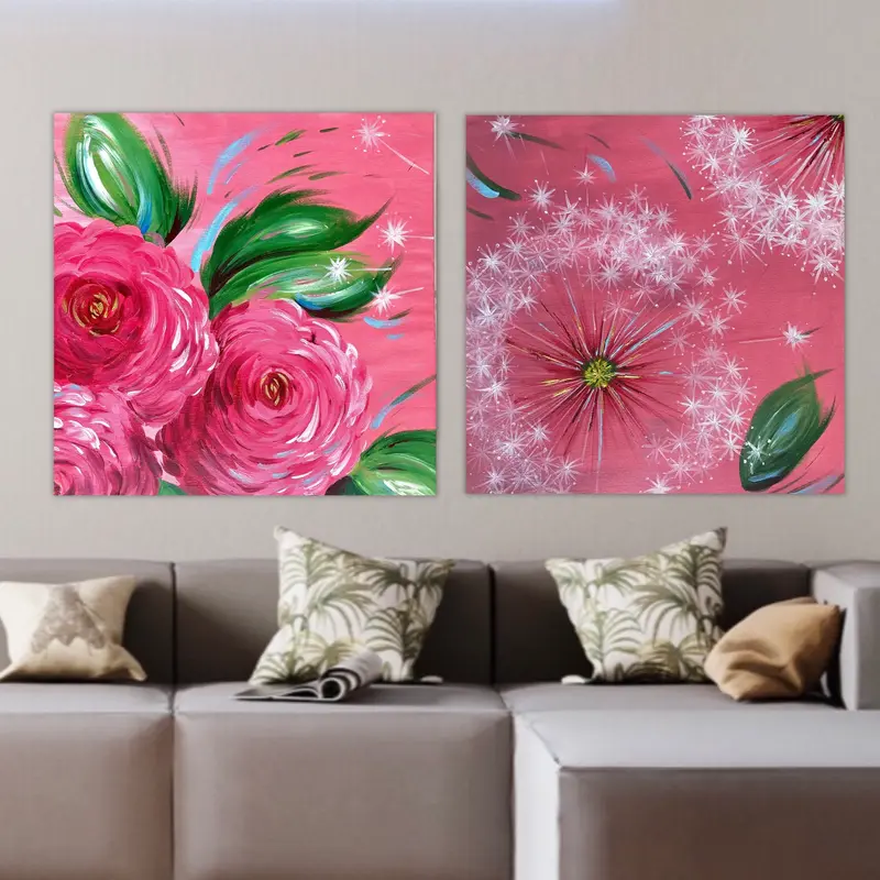 Coppia di Tele con Grandi Fiori. Quadri con Fiori Rosa