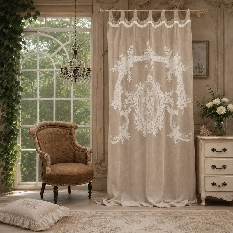 Coppia Tende Allegria in Puro Lino Beige con Ricami – Collezione Norma by Blanc MariClò, 140x300 cm
