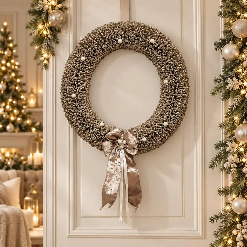 Corona Natalizia Luminosa con LED Glitter Champagne e Fiocco in Velluto – Polvere di Stelle by Mata Creazioni