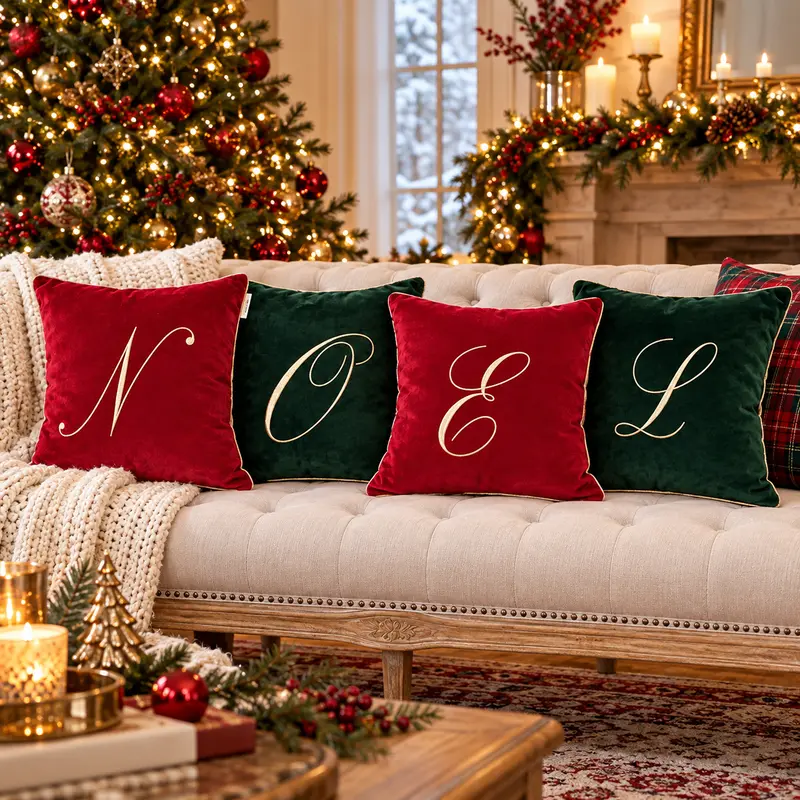 Cuscini Natalizi NOËL in Velluto con Lettere Ricamate Oro – Linea Noël by Mata Creazioni, 40x40 cm