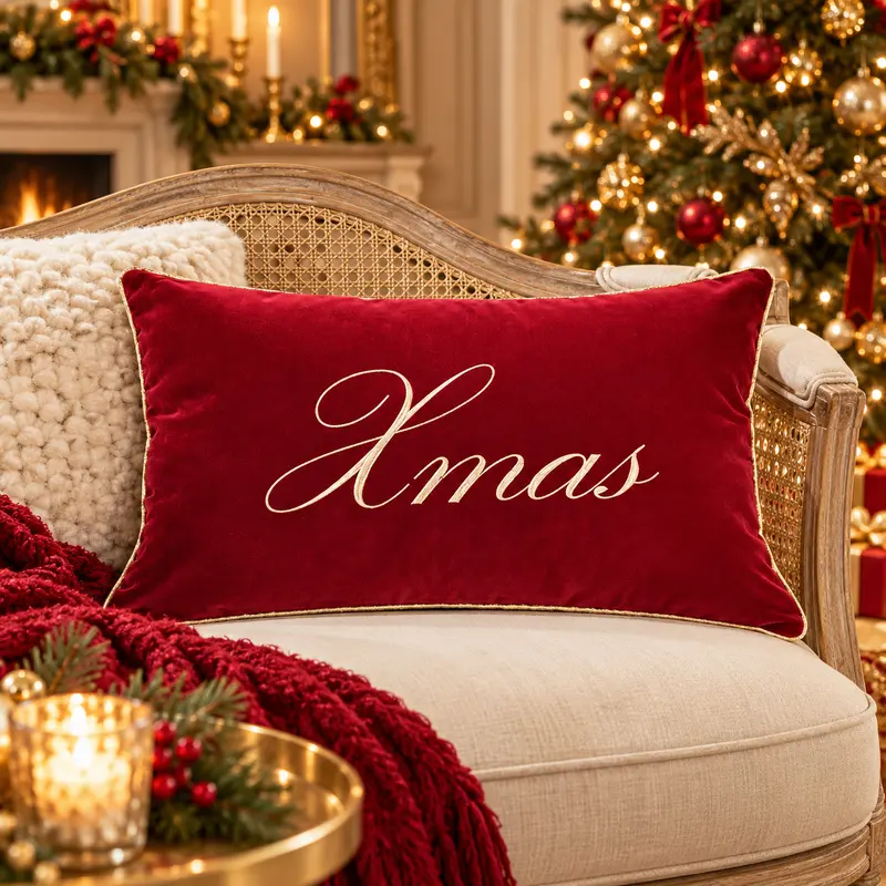 Cuscino Natalizio Xmas in Velluto Rosso con Scritta Ricamata Oro – Linea Noël by Mata Creazioni, 35x50 cm