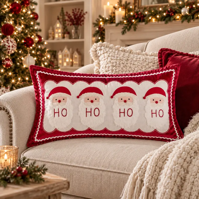 Cuscino Rettangolare Natalizio Rosso con Babbo Natale e Scritta Ho Ho Ho Ho by Blanc MariClò, 35x66 cm
